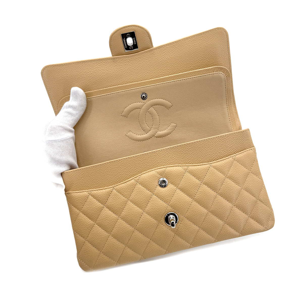 CHANEL CLASSIC FLAP MEDIUM CHAIN SHOULDER BAG BEIGE CAVIAR SKIN SHW 90215286