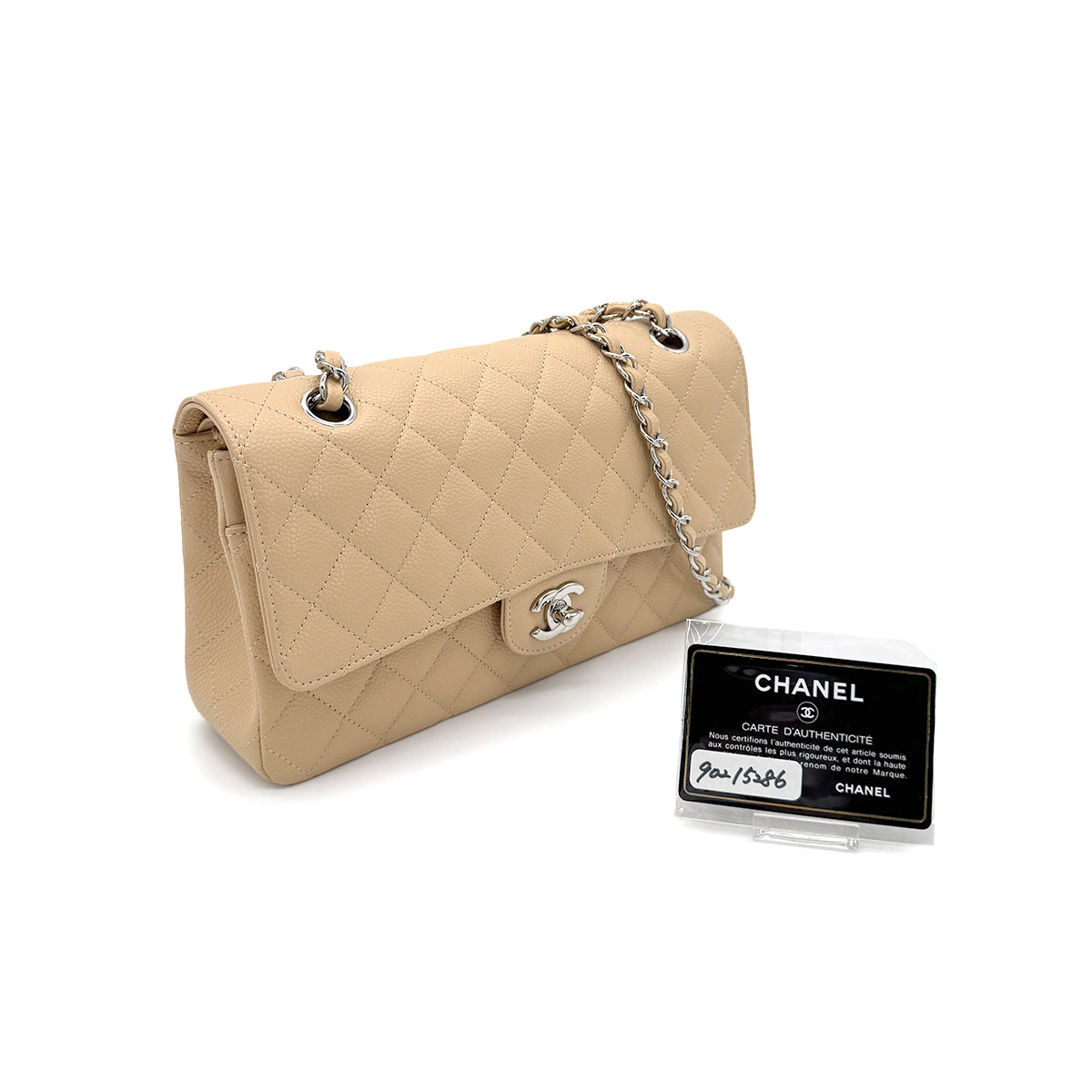 CHANEL CLASSIC FLAP MEDIUM CHAIN SHOULDER BAG BEIGE CAVIAR SKIN SHW 90215286