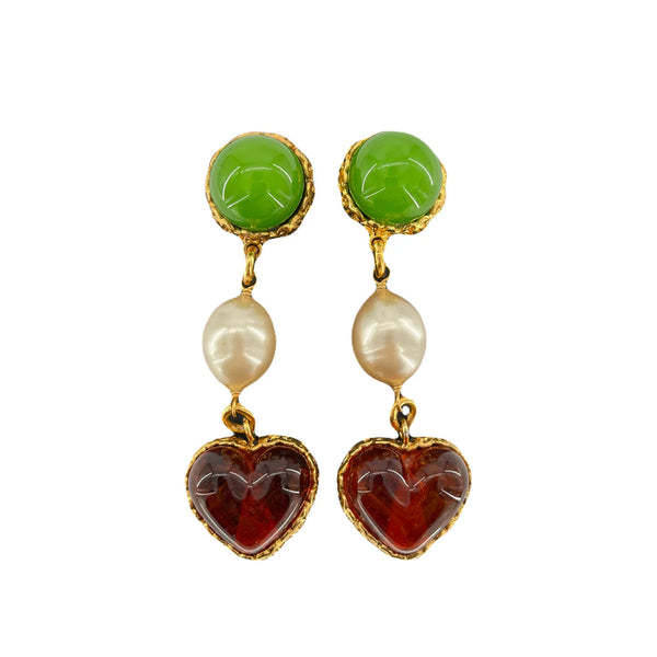 CHANEL VINTAGE EARRINGS COLORSTONE FAKEPEARL HEART ACCESSORY 28 90215542 - PURPOSE