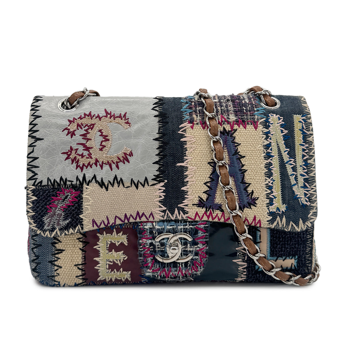 CHANEL CHAIN SHOULDER BAG PATCHWORK MULTICOLOR CANVAS LEATHER 90216499