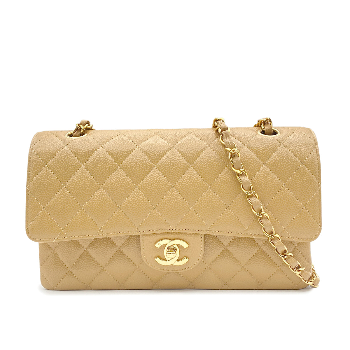CHANEL VINTAGE CLASSIC FLAP MEDIUM CHAIN SHOULDER BAG BEIGE CAVIAR SKIN 90216555