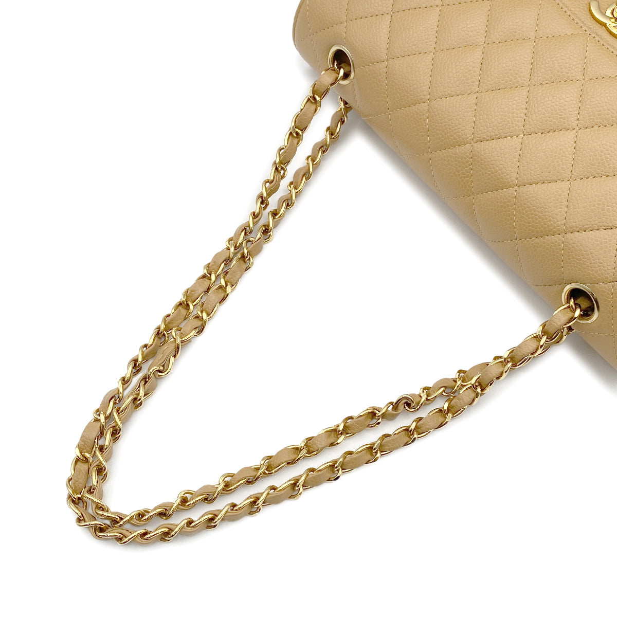 CHANEL VINTAGE CLASSIC FLAP MEDIUM CHAIN SHOULDER BAG BEIGE CAVIAR SKIN 90216555