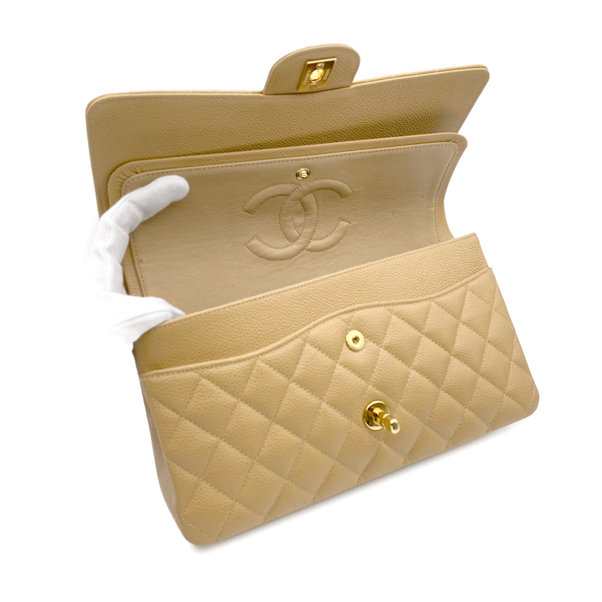 CHANEL VINTAGE CLASSIC FLAP MEDIUM CHAIN SHOULDER BAG BEIGE CAVIAR SKIN 90216555