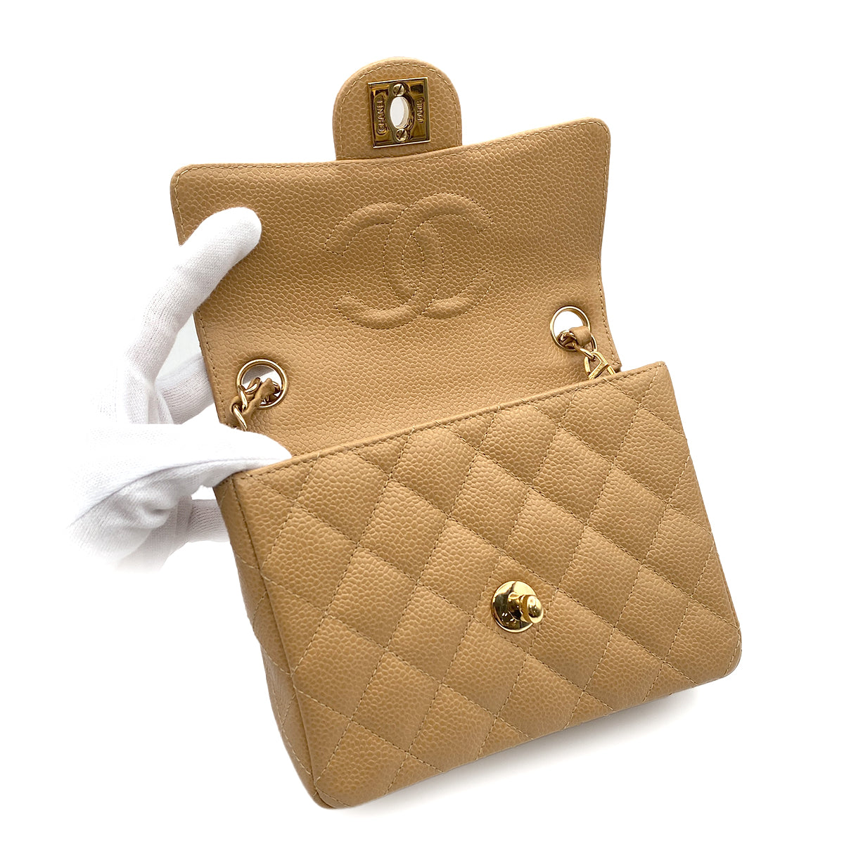 CHANEL VINTAGE MINI SQUARE 17 CHAIN SHOULDER BAG BEIGE CAVIAR SKIN 90220262