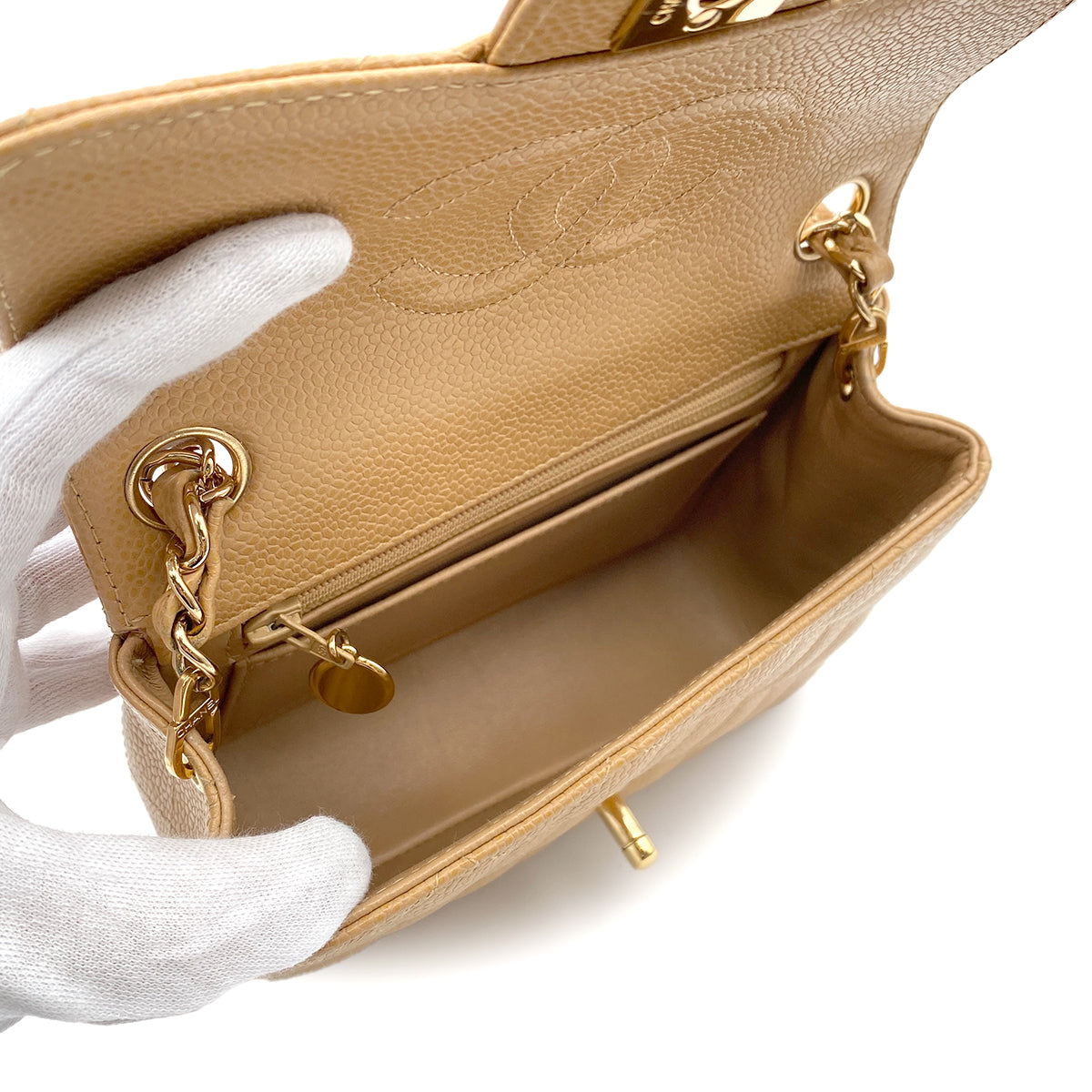 CHANEL VINTAGE MINI SQUARE 17 CHAIN SHOULDER BAG BEIGE CAVIAR SKIN 90220262