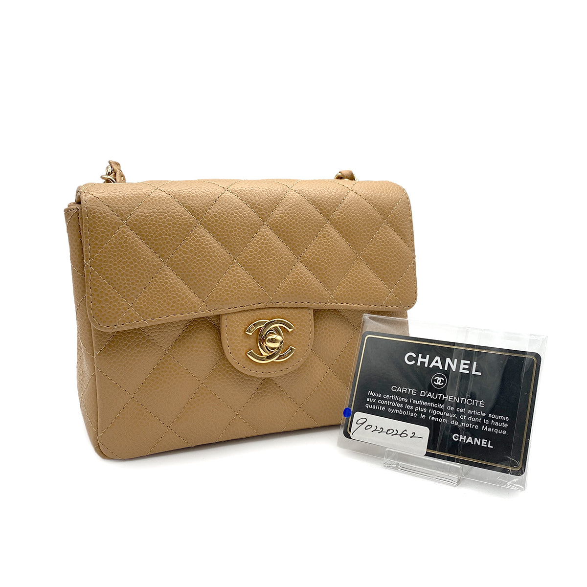 CHANEL VINTAGE MINI SQUARE 17 CHAIN SHOULDER BAG BEIGE CAVIAR SKIN 90220262