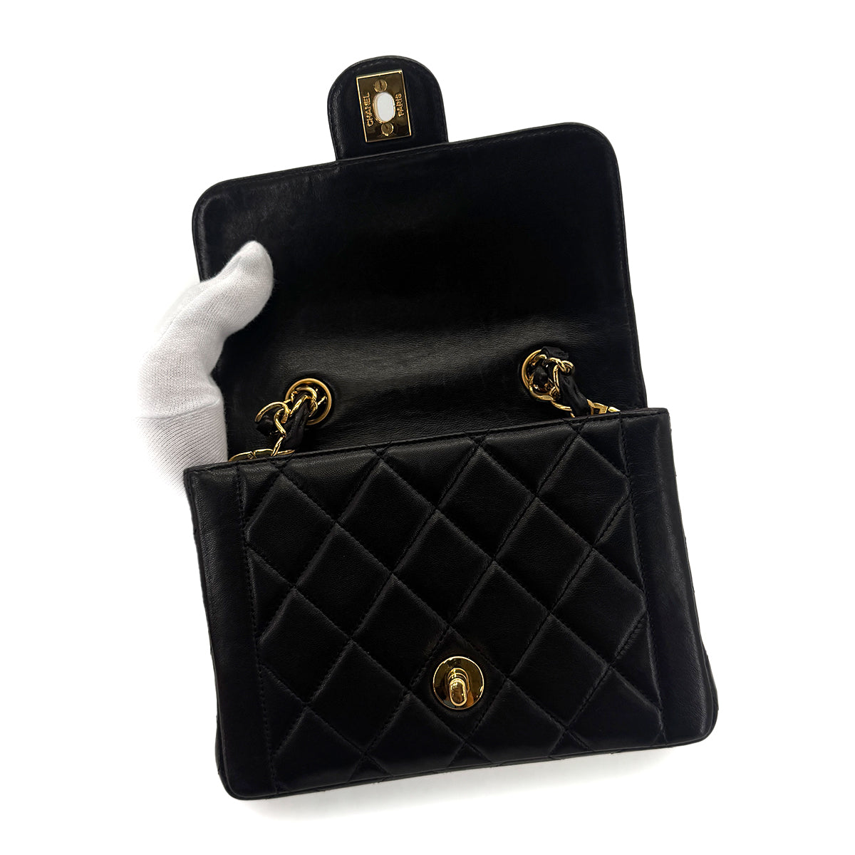 CHANEL VINTAGE MINI CHAIN HAND BAG BLACK LAMB SKIN 90220653