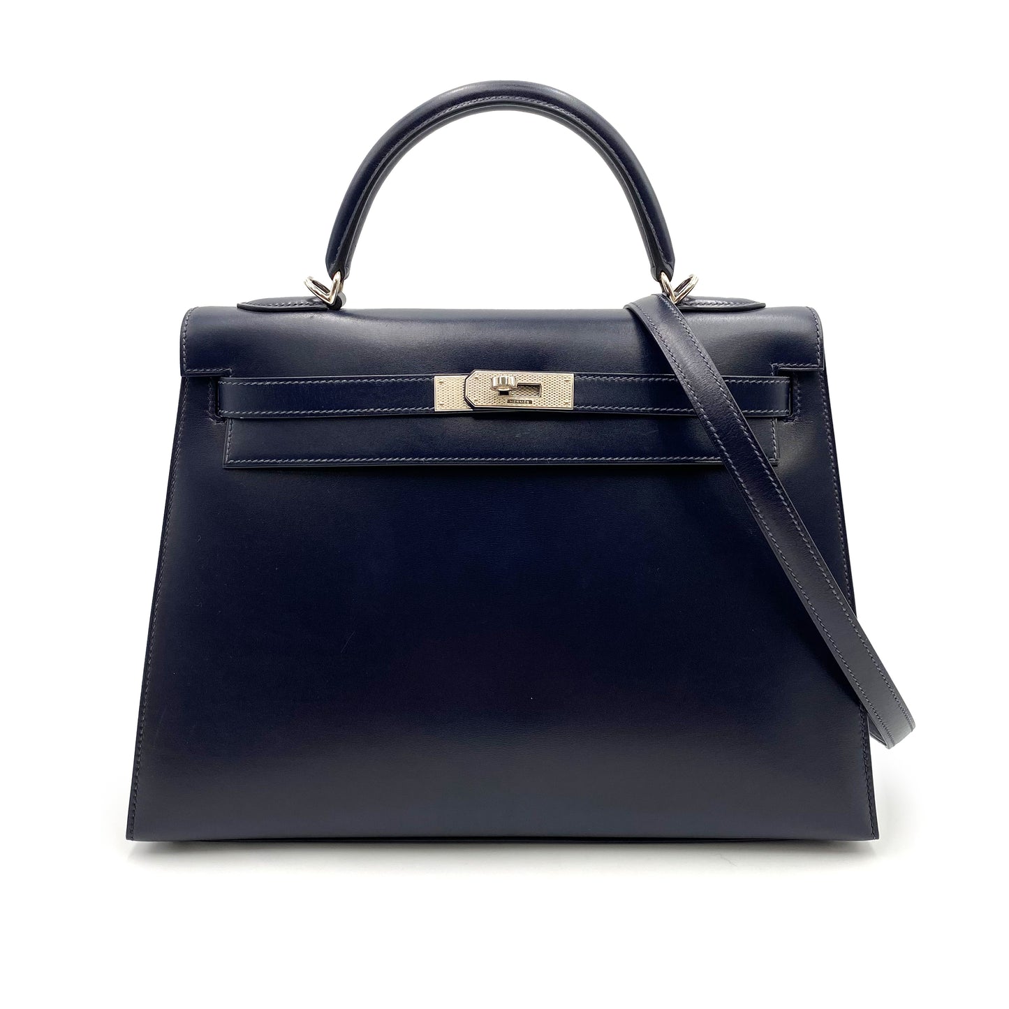 HERMES KELLY 32 SELLIER GUILLOCHE NAVY BOXCALF HAND SHOULDER BAG □G SHW 90221030