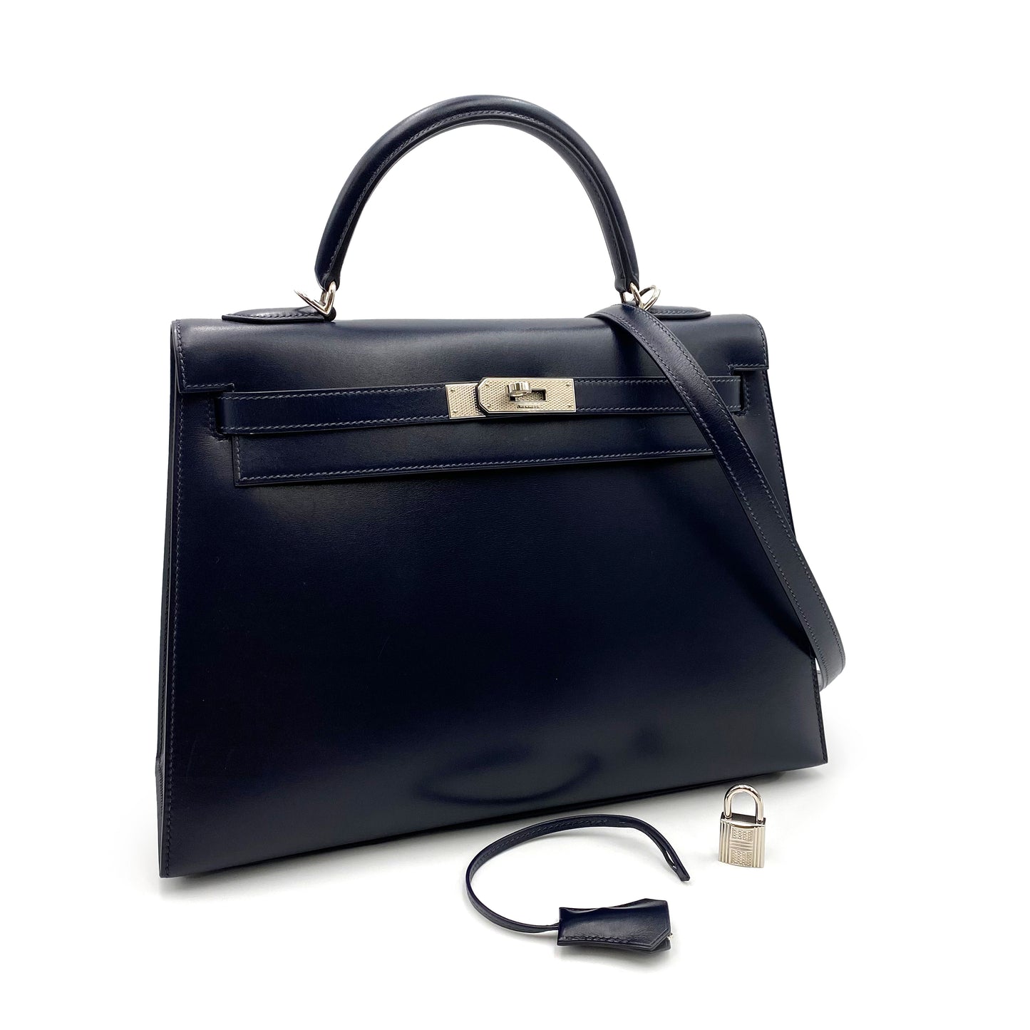 HERMES KELLY 32 SELLIER GUILLOCHE NAVY BOXCALF HAND SHOULDER BAG □G SHW 90221030