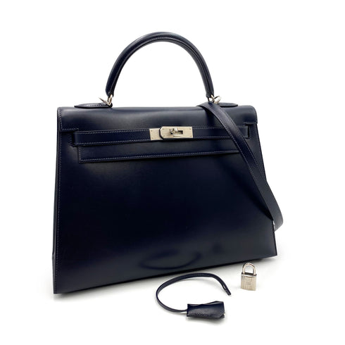 HERMES KELLY 32 SELLIER GUILLOCHE NAVY BOXCALF HAND SHOULDER BAG □G SHW 90221030 - PURPOSE