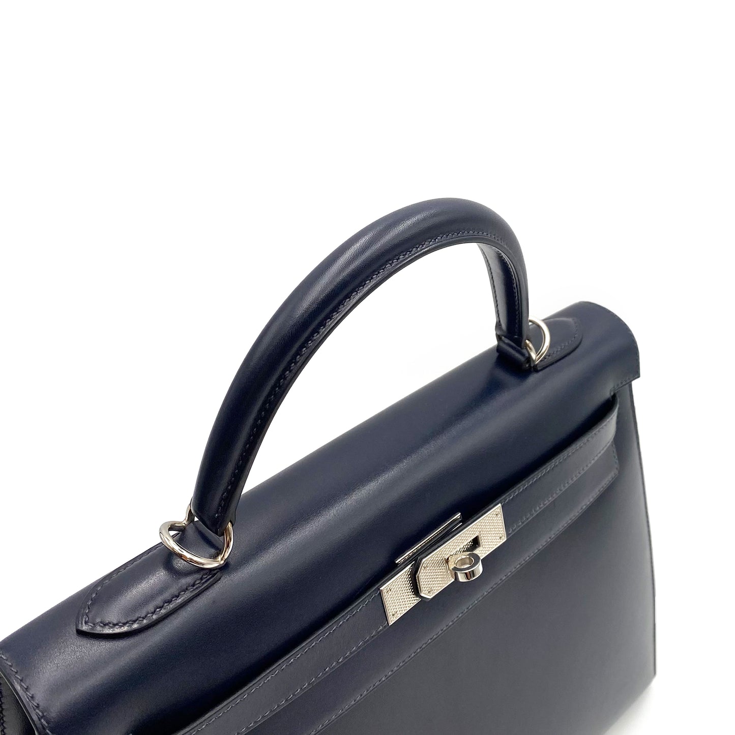 HERMES KELLY 32 SELLIER GUILLOCHE NAVY BOXCALF HAND SHOULDER BAG □G SHW 90221030