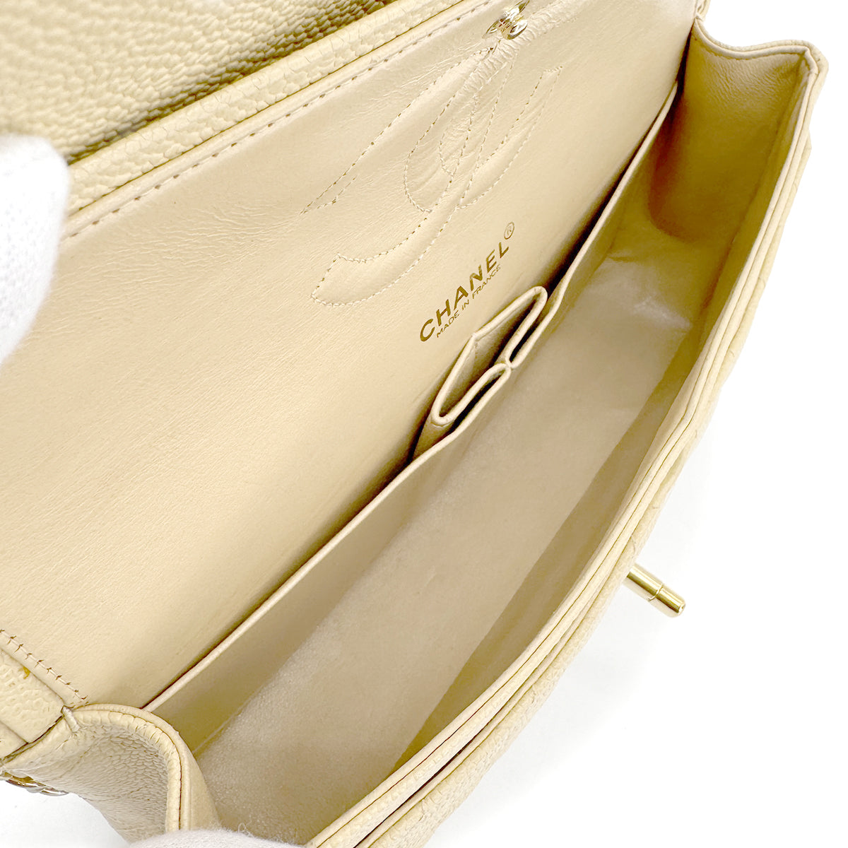 CHANEL VINTAGE CLASSIC FLAP MEDIUM CHAIN SHOULDER BAG BEIGE CAVIAR SKIN 90222287