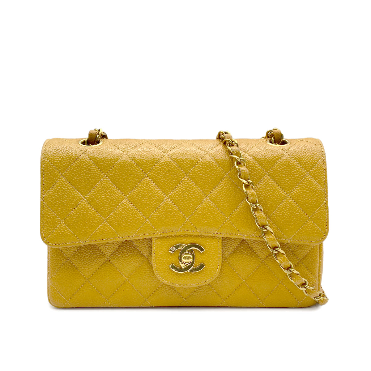 CHANEL VINTAGE CLASSIC FLAP SMALL CHAIN SHOULDER BAG YELLOW CAVIAR SKIN 90223186