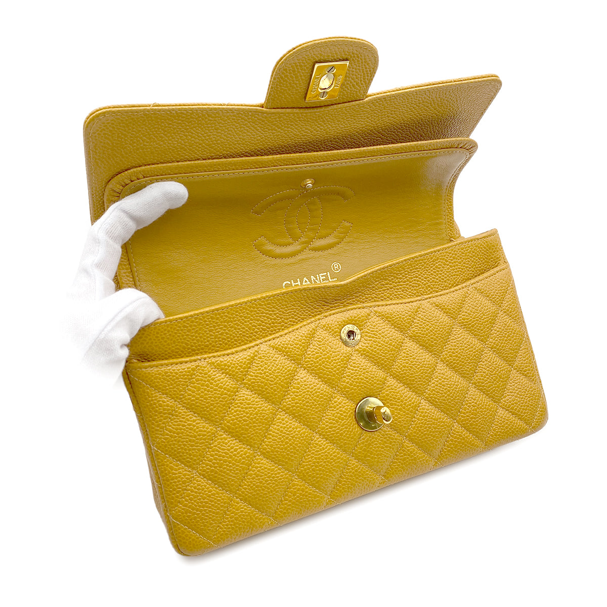 CHANEL VINTAGE CLASSIC FLAP SMALL CHAIN SHOULDER BAG YELLOW CAVIAR SKIN 90223186