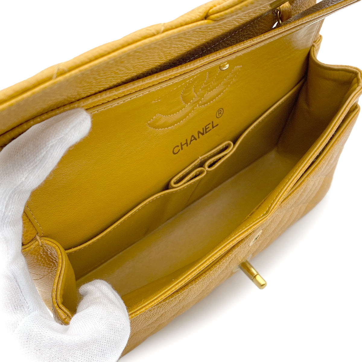 CHANEL VINTAGE CLASSIC FLAP SMALL CHAIN SHOULDER BAG YELLOW CAVIAR SKIN 90223186