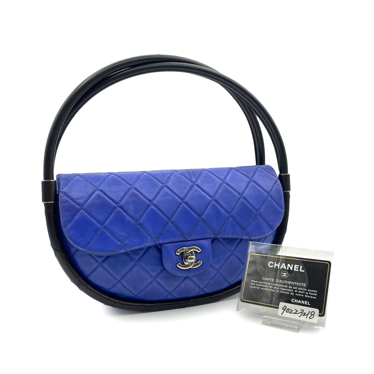 CHANEL HULA HOOP CROSS HAND BAG BLUE BLACK LAMB SKIN 90223218