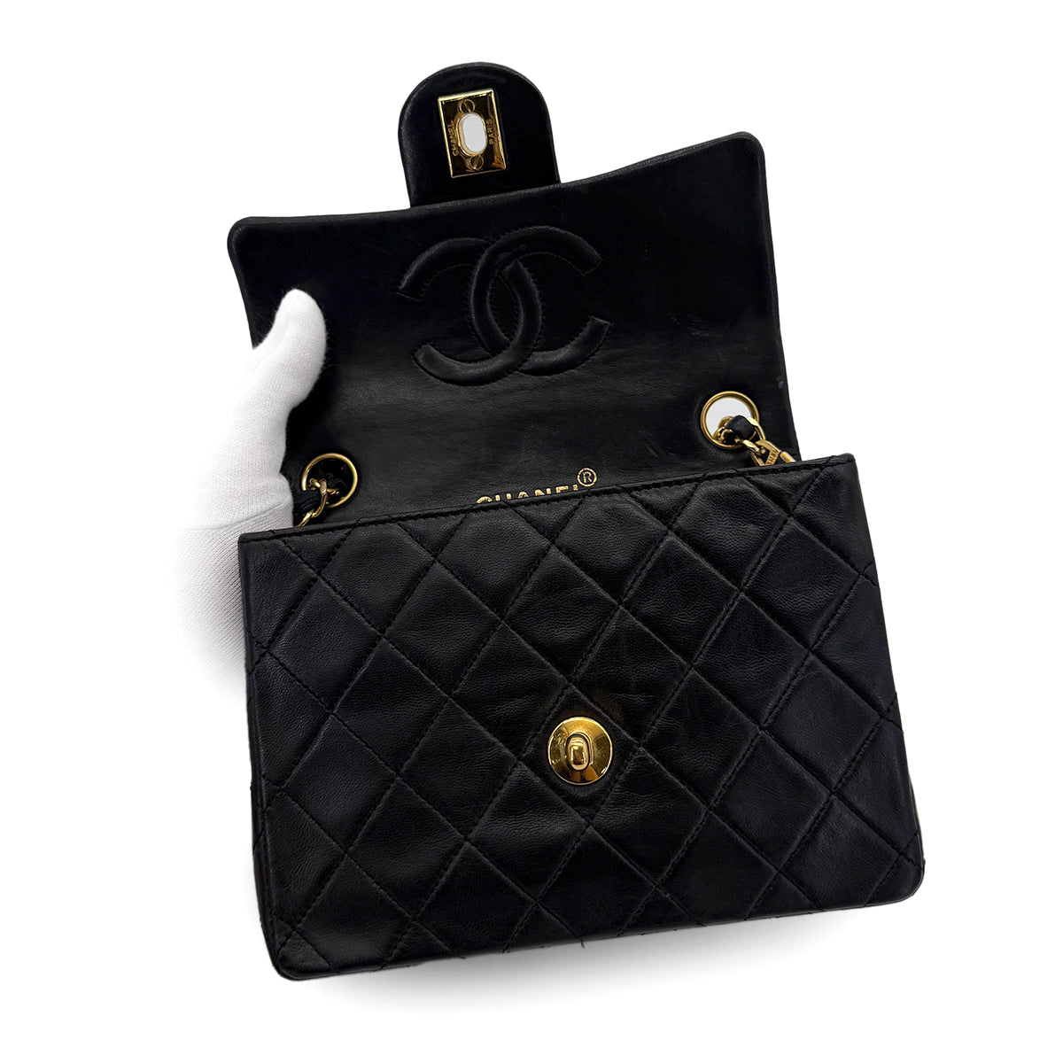 CHANEL VINTAGE MINI SQUARE 17 CHAIN SHOULDER BAG BLACK LAMB SKIN 90223260