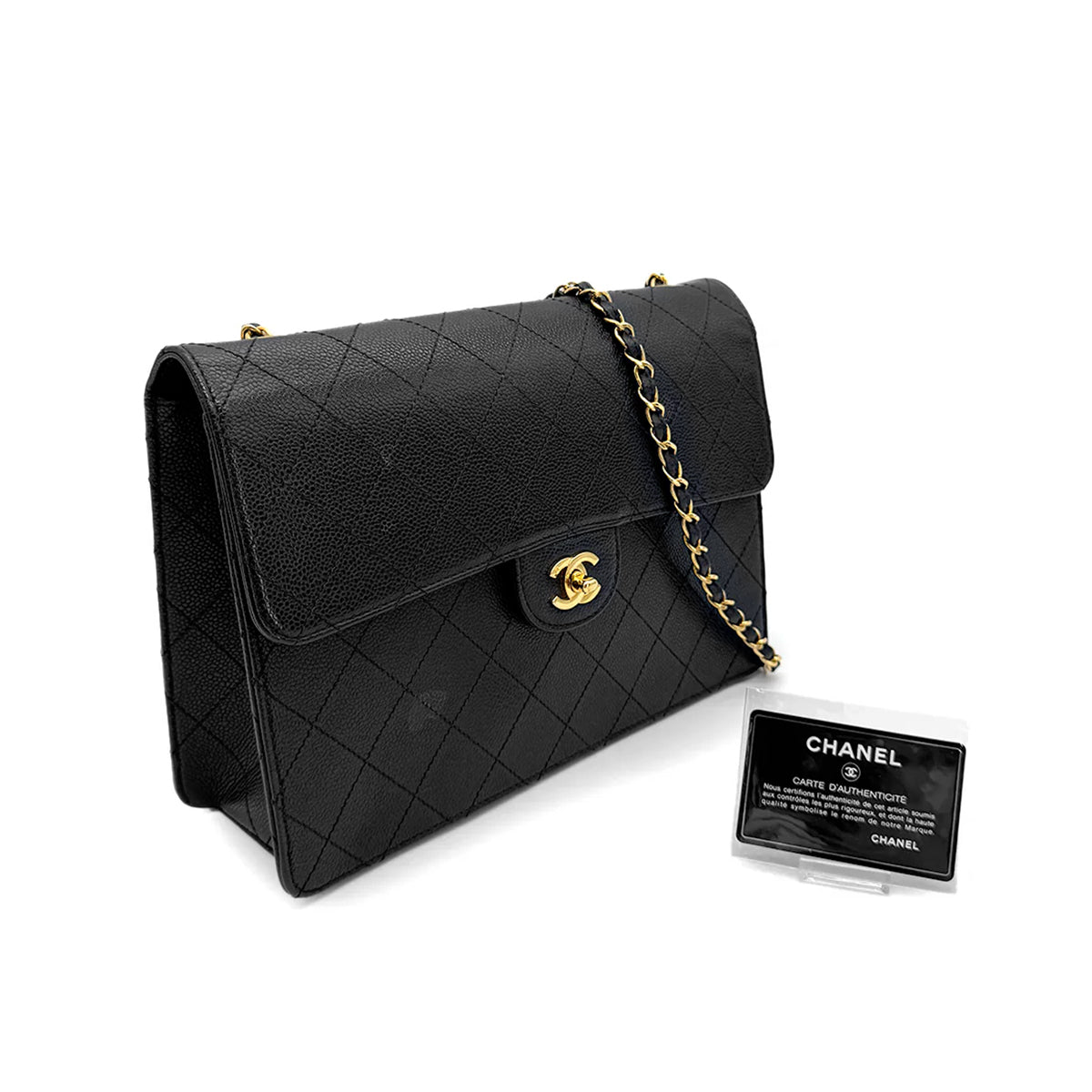 CHANEL VINTAGE CHAIN SHOULDER BAG BLACK CAVIAR SKIN 90223264