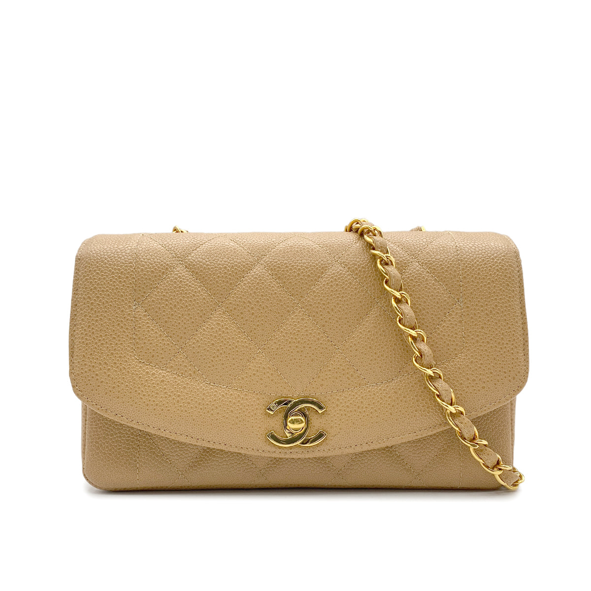 CHANEL VINTAGE DIANA SMALL CHAIN SHOULDER BAG BEIGE CAIVAR SKIN 90223306
