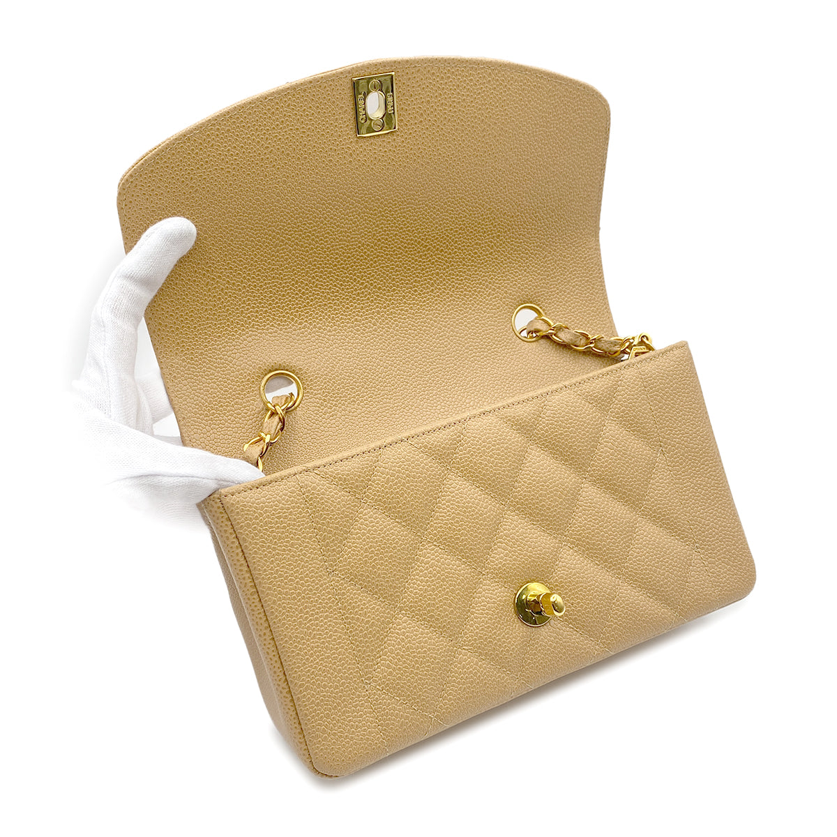 CHANEL VINTAGE DIANA SMALL CHAIN SHOULDER BAG BEIGE CAIVAR SKIN 90223306