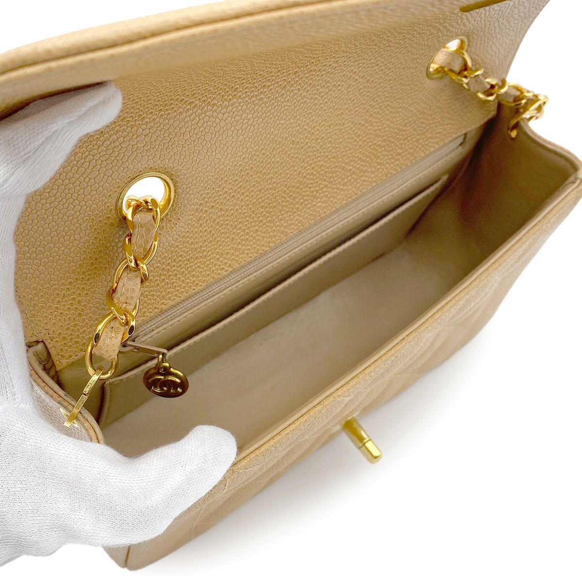 CHANEL VINTAGE DIANA SMALL CHAIN SHOULDER BAG BEIGE CAIVAR SKIN 90223306