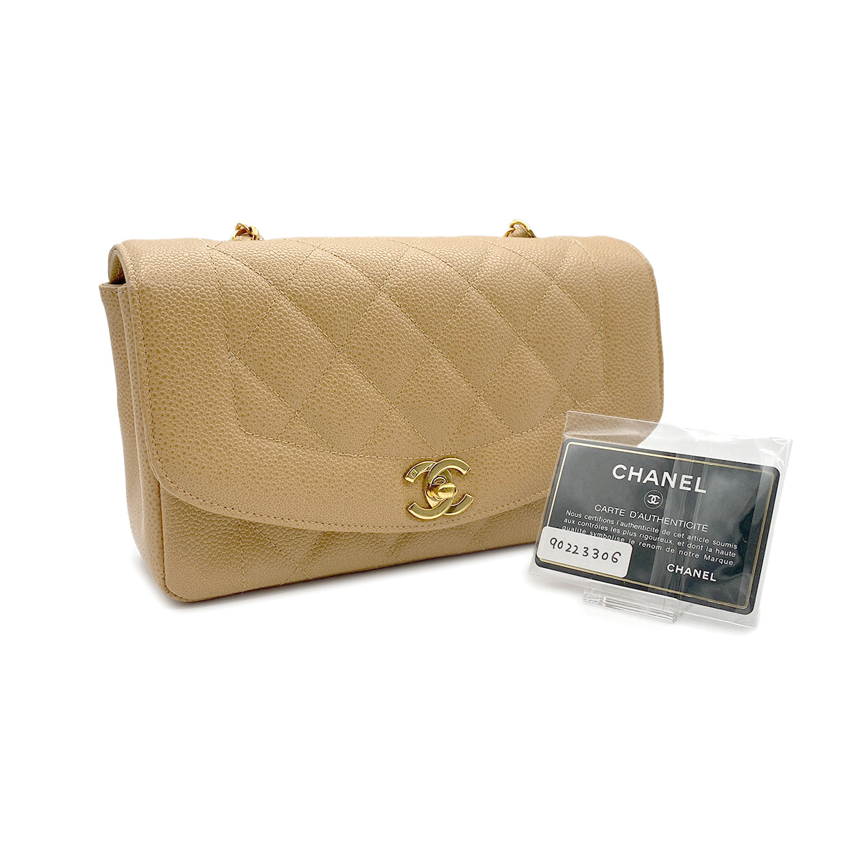 CHANEL VINTAGE DIANA SMALL CHAIN SHOULDER BAG BEIGE CAIVAR SKIN 90223306