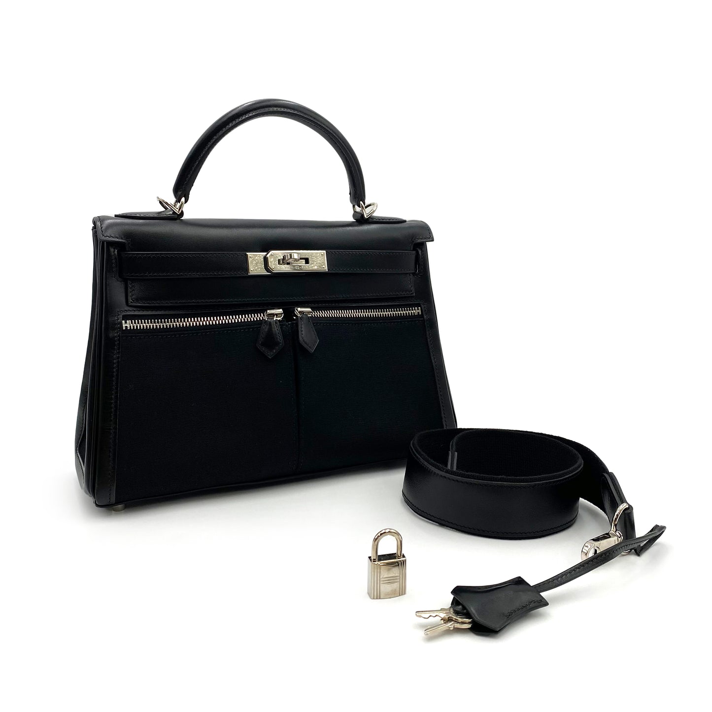 HERMES KELLY LAKIS 28 BLACK BOXCALF TOILE OFFICIER HAND SHOULDER BAG □J SHW 90224703