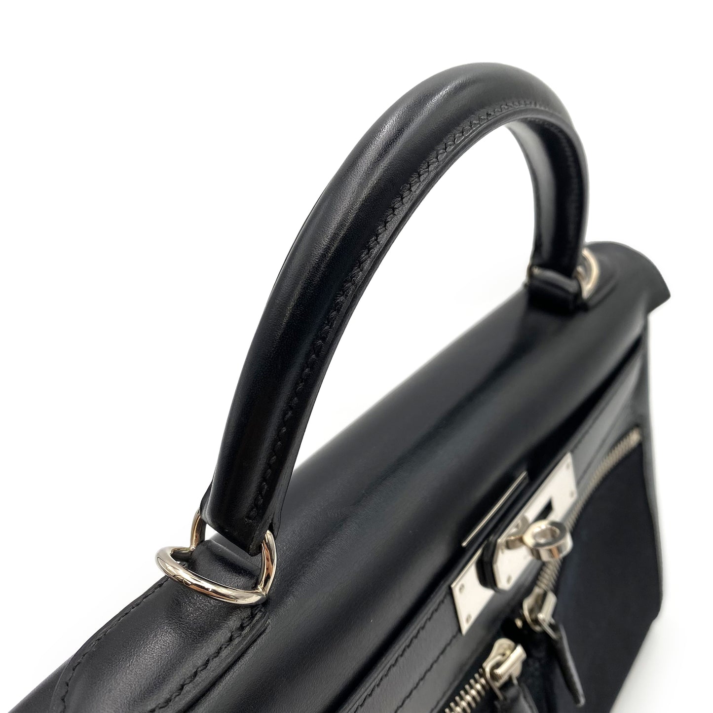 HERMES KELLY LAKIS 28 BLACK BOXCALF TOILE OFFICIER HAND SHOULDER BAG □J SHW 90224703