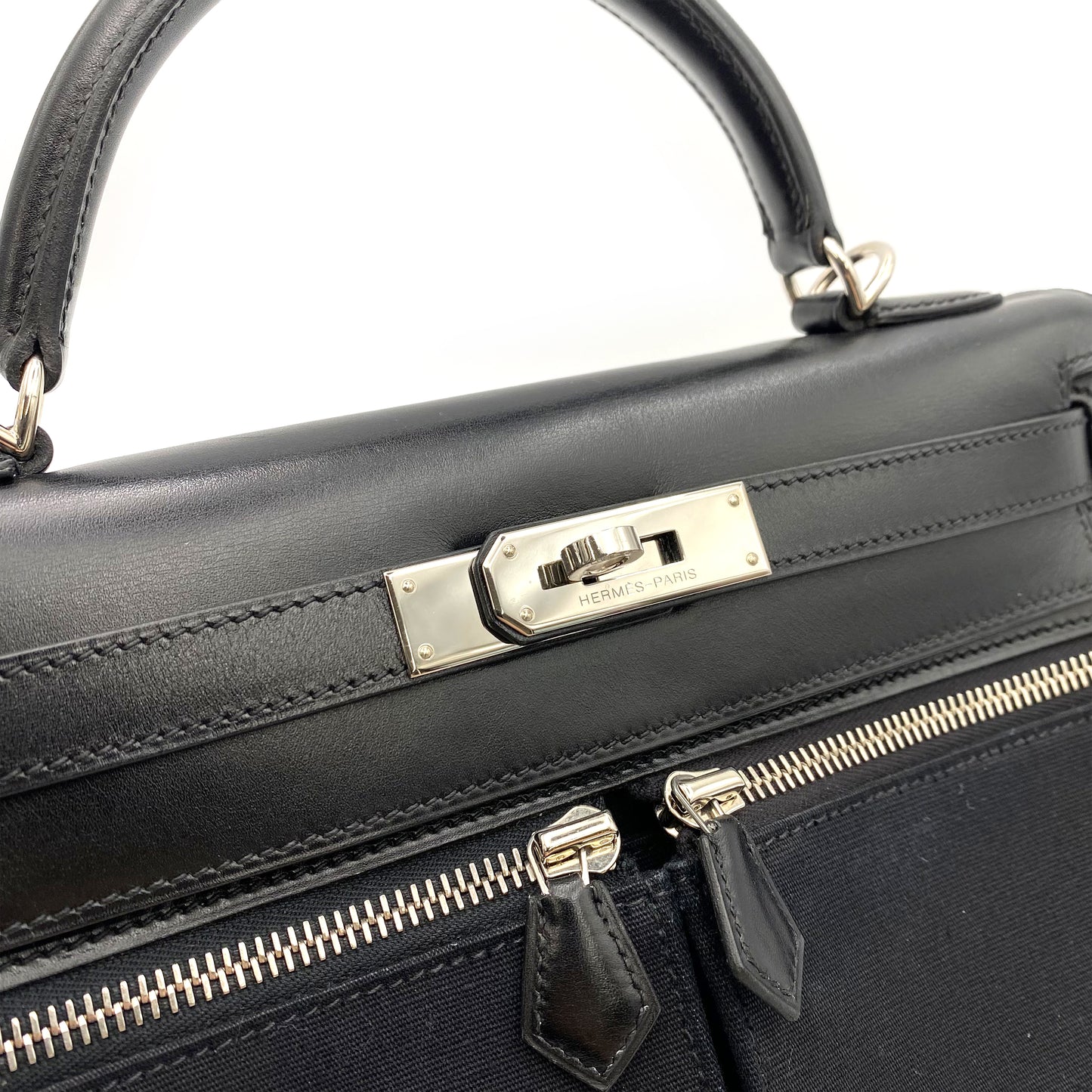 HERMES KELLY LAKIS 28 BLACK BOXCALF TOILE OFFICIER HAND SHOULDER BAG □J SHW 90224703