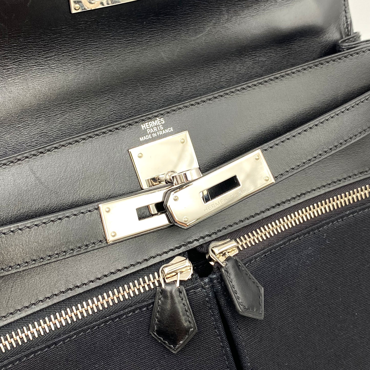 HERMES KELLY LAKIS 28 BLACK BOXCALF TOILE OFFICIER HAND SHOULDER BAG □J SHW 90224703