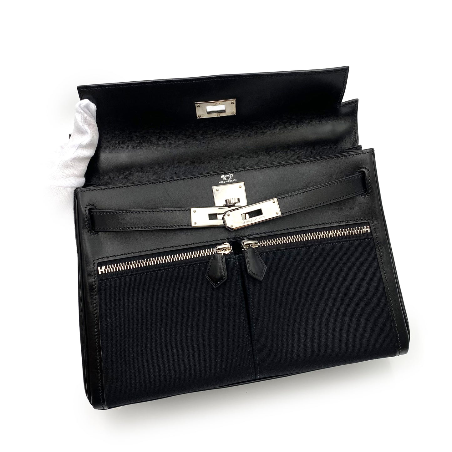 HERMES KELLY LAKIS 28 BLACK BOXCALF TOILE OFFICIER HAND SHOULDER BAG □J SHW 90224703