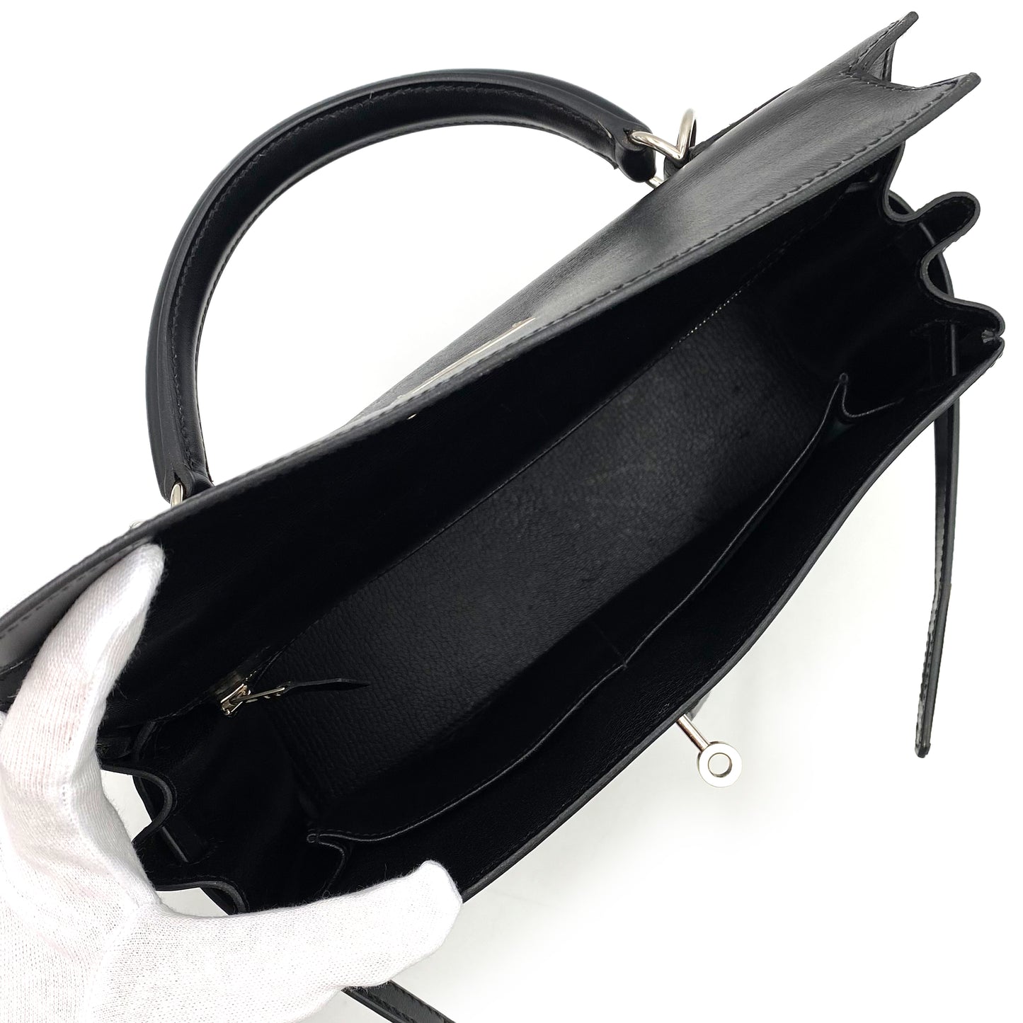 HERMES KELLY LAKIS 28 BLACK BOXCALF TOILE OFFICIER HAND SHOULDER BAG □J SHW 90224703