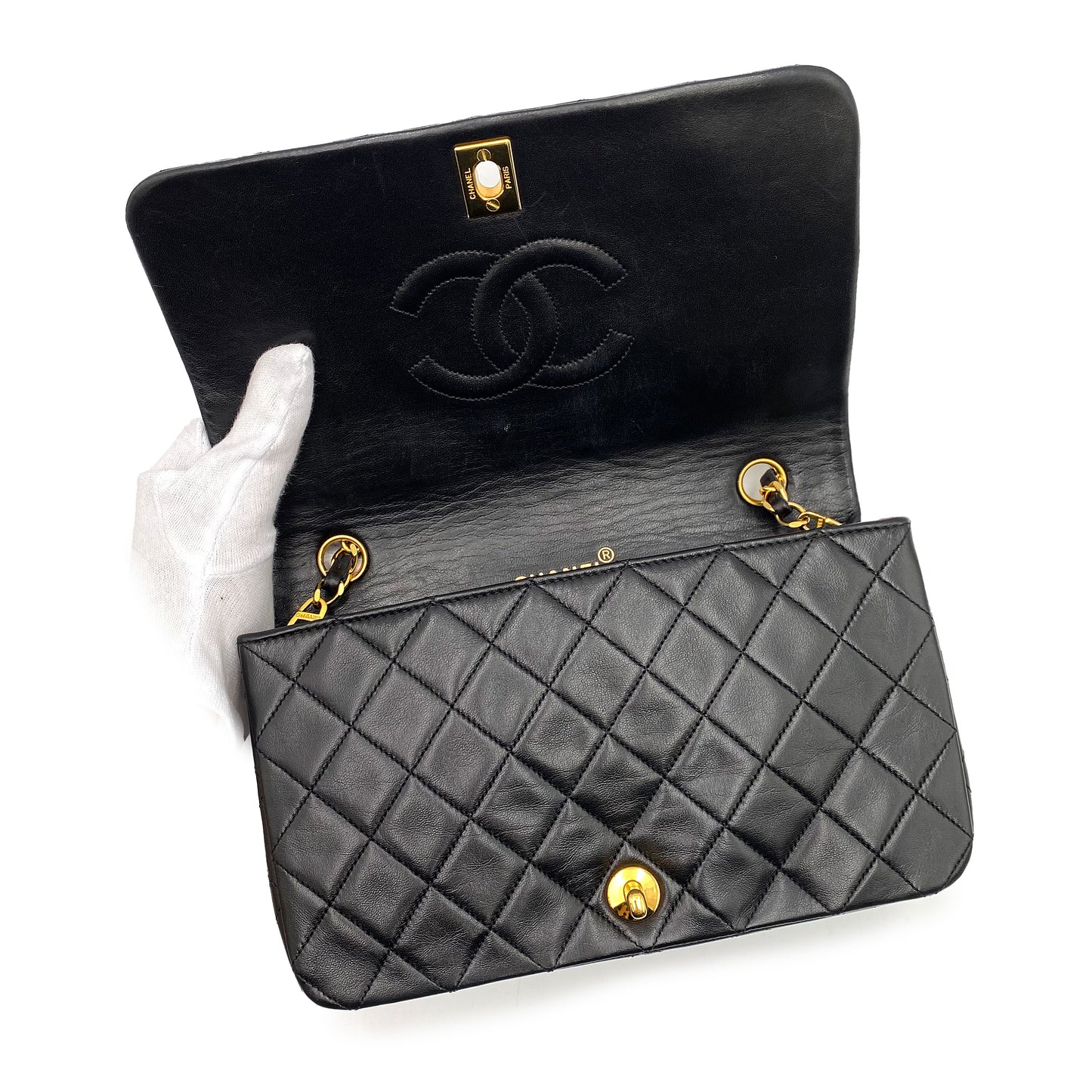 CHANEL VINTAGE FULL FLAP CHAIN SHOULDER BAG BLACK LAMB SKIN 90225670
