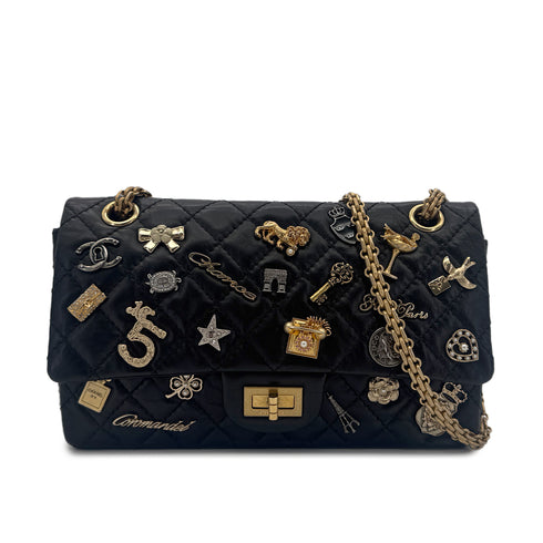 CHANEL 2.55 EMBROIDERY CHAIN SHOULDER BAG ICON BLACK CALF SKIN 90226493