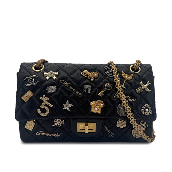 CHANEL 2.55 EMBROIDERY CHAIN SHOULDER BAG ICON BLACK CALF SKIN 90226493