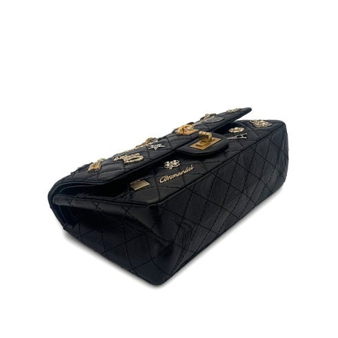 CHANEL 2.55 EMBROIDERY CHAIN SHOULDER BAG ICON BLACK CALF SKIN 90226493