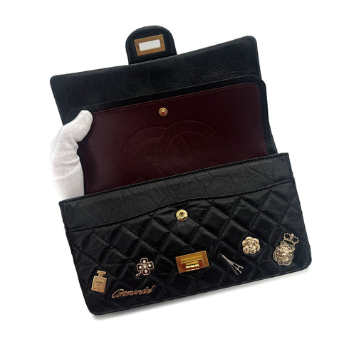 CHANEL 2.55 EMBROIDERY CHAIN SHOULDER BAG ICON BLACK CALF SKIN 90226493