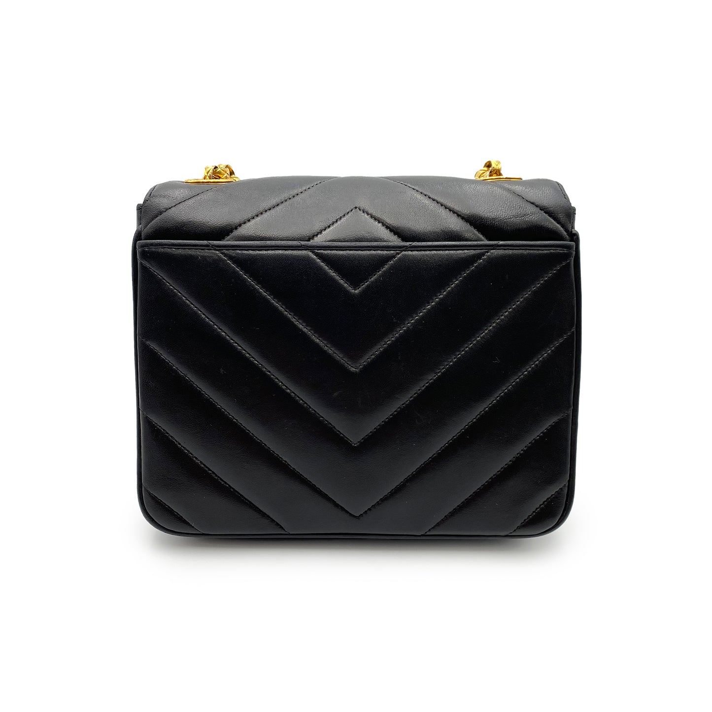 CHANEL VINTAGE CHEVRON BIJOU CHAIN SHOULDER BAG BLACK LAMB SKIN 902226793