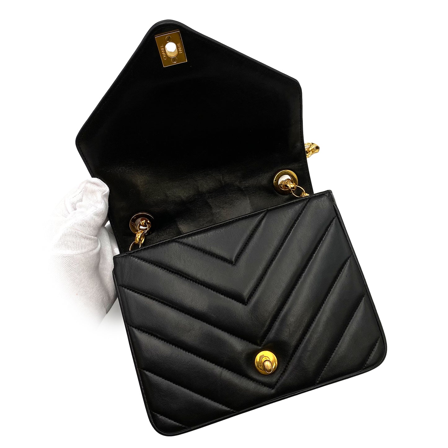 CHANEL VINTAGE CHEVRON BIJOU CHAIN SHOULDER BAG BLACK LAMB SKIN 902226793