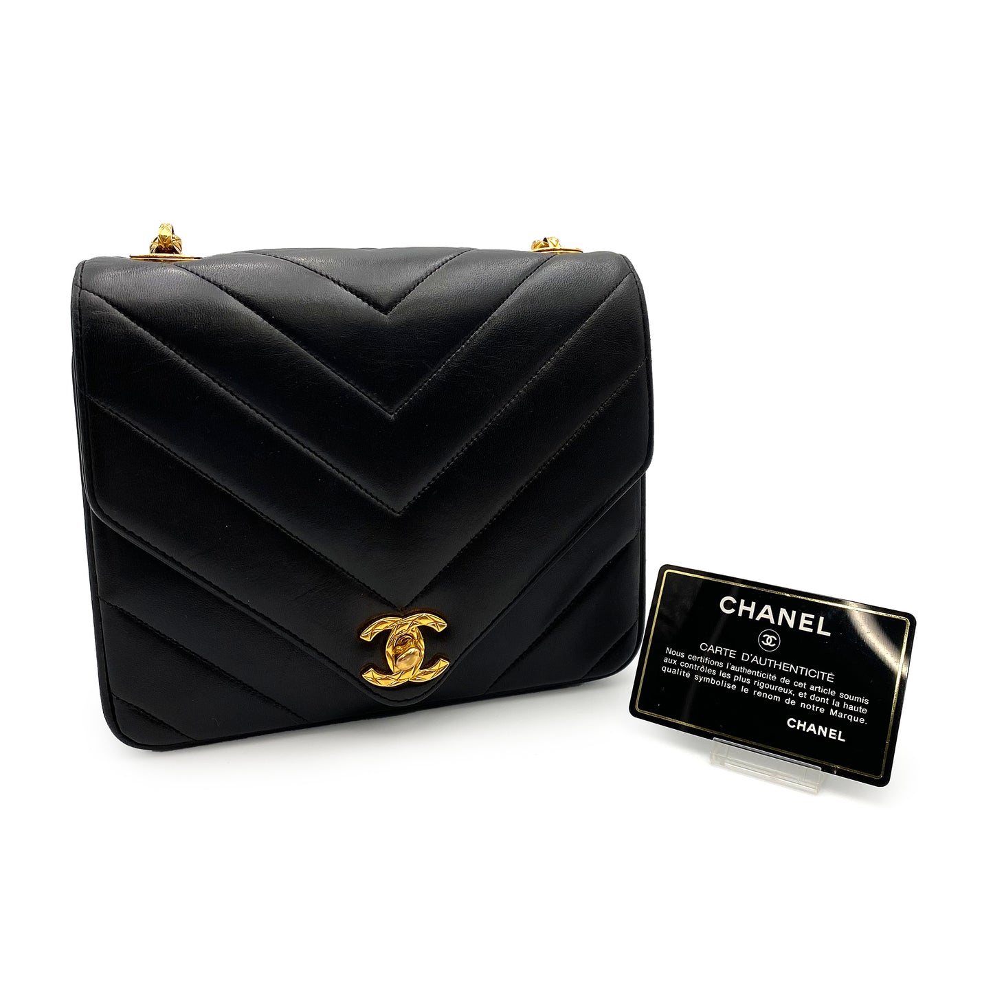 CHANEL VINTAGE CHEVRON BIJOU CHAIN SHOULDER BAG BLACK LAMB SKIN 902226793