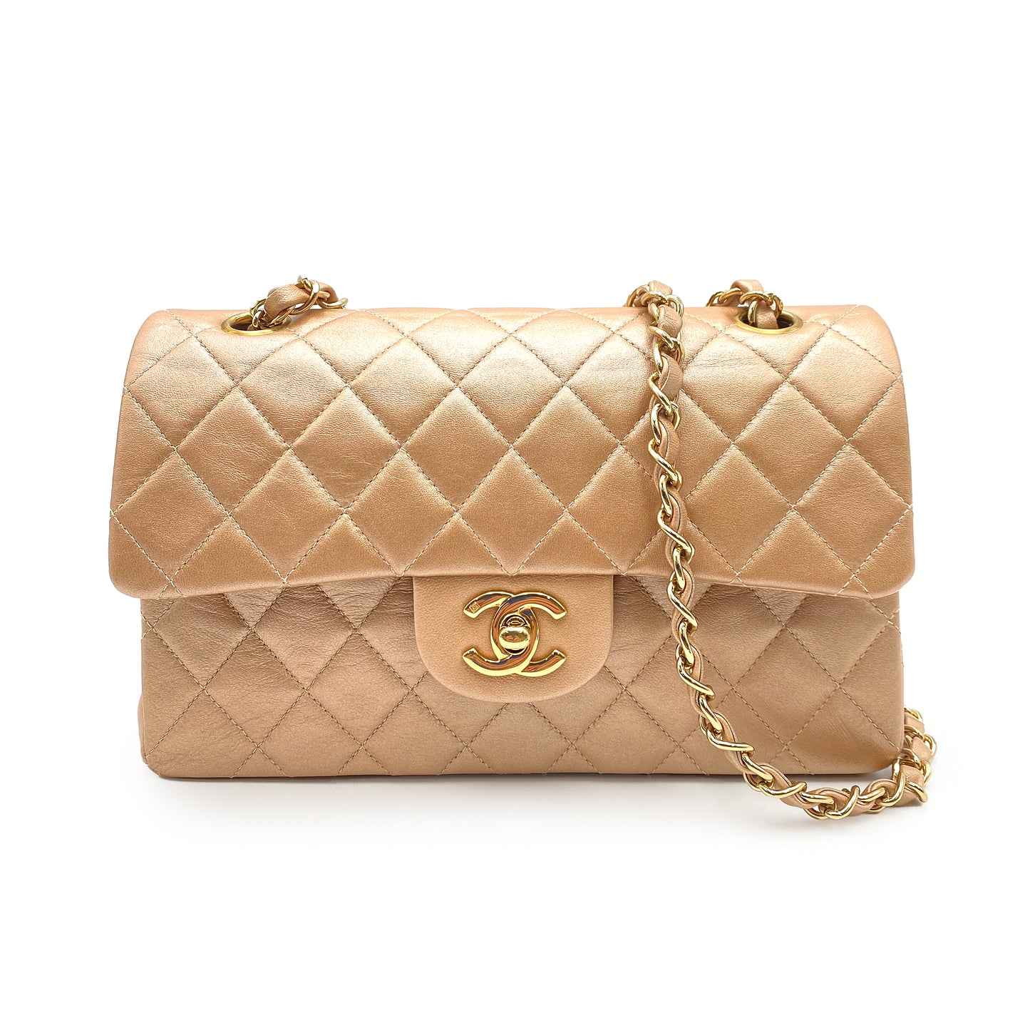CHANEL VINTAGE CLASSIC FLAP SMALL CHAIN SHOULDER BAG CHAMPAGNE PINKGOLD LAMB SKIN 90227577