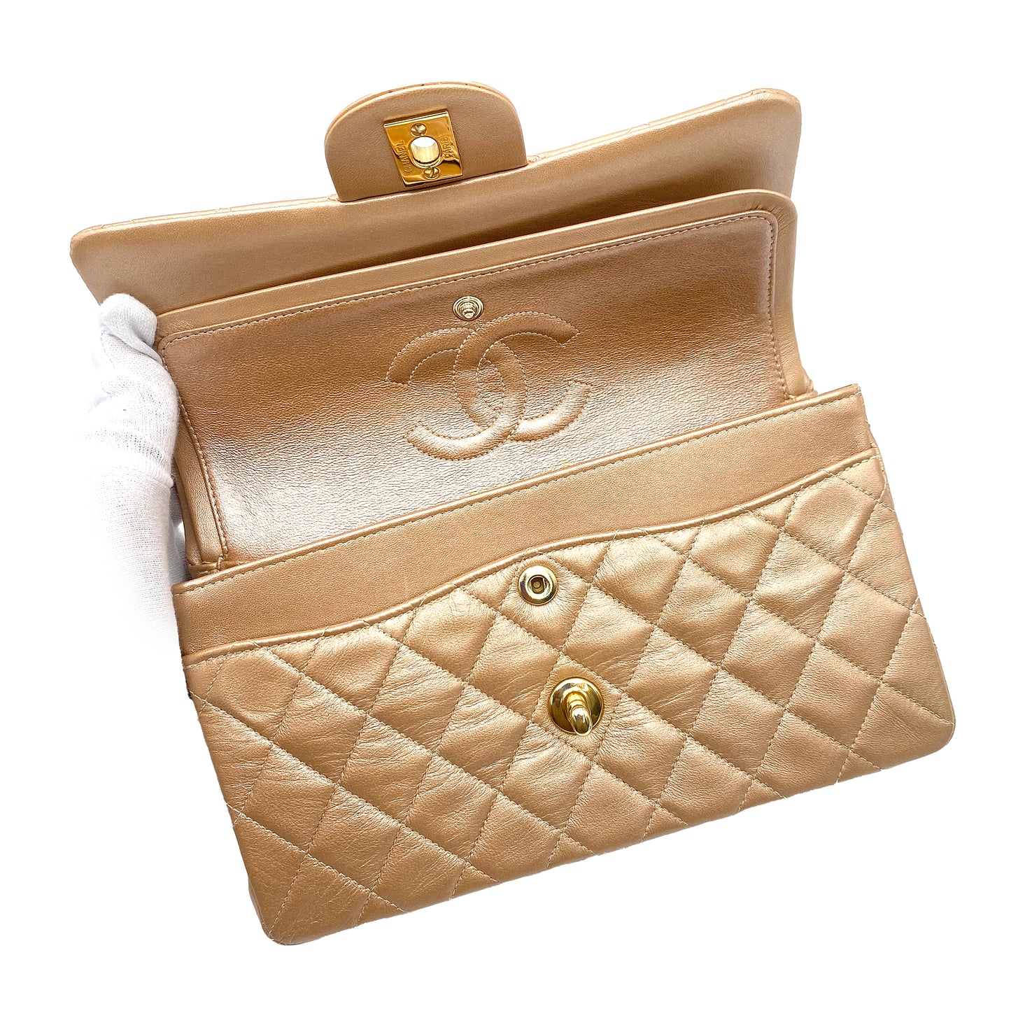 CHANEL VINTAGE CLASSIC FLAP SMALL CHAIN SHOULDER BAG CHAMPAGNE PINKGOLD LAMB SKIN 90227577