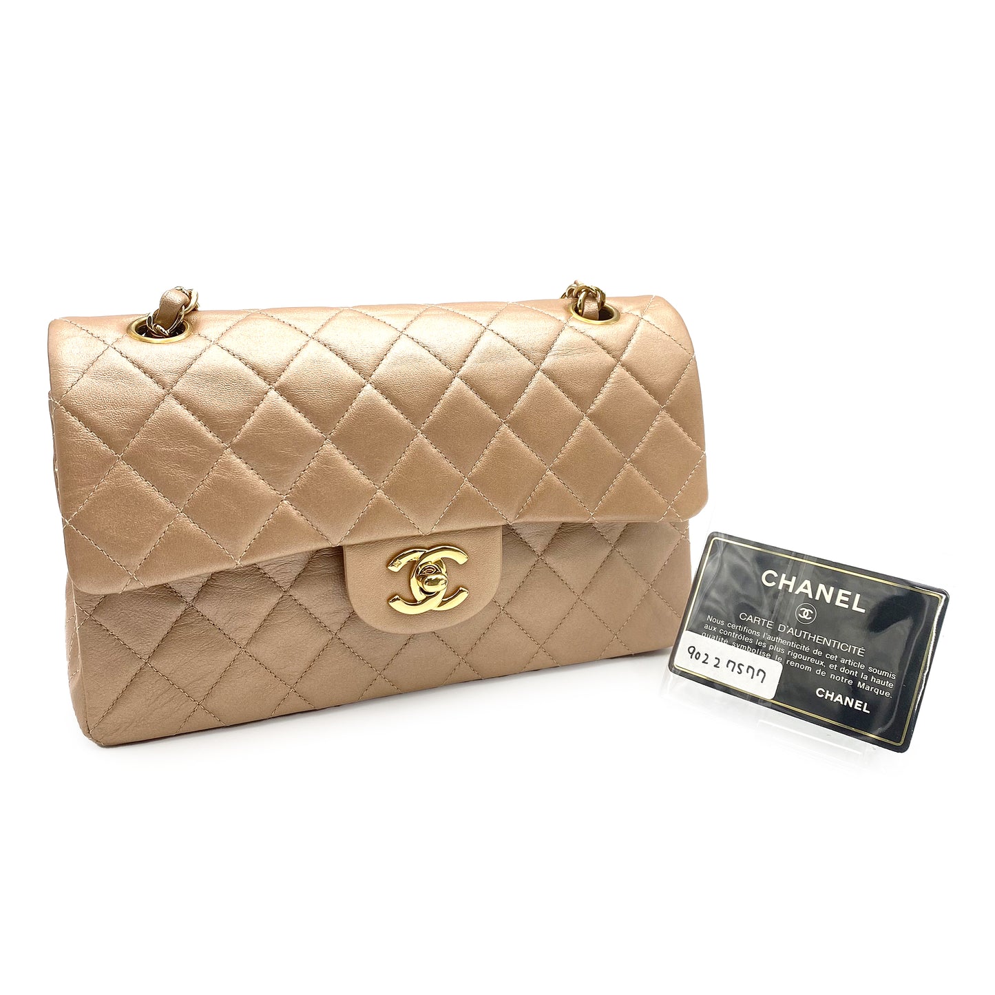 CHANEL VINTAGE CLASSIC FLAP SMALL CHAIN SHOULDER BAG CHAMPAGNE PINKGOLD LAMB SKIN 90227577