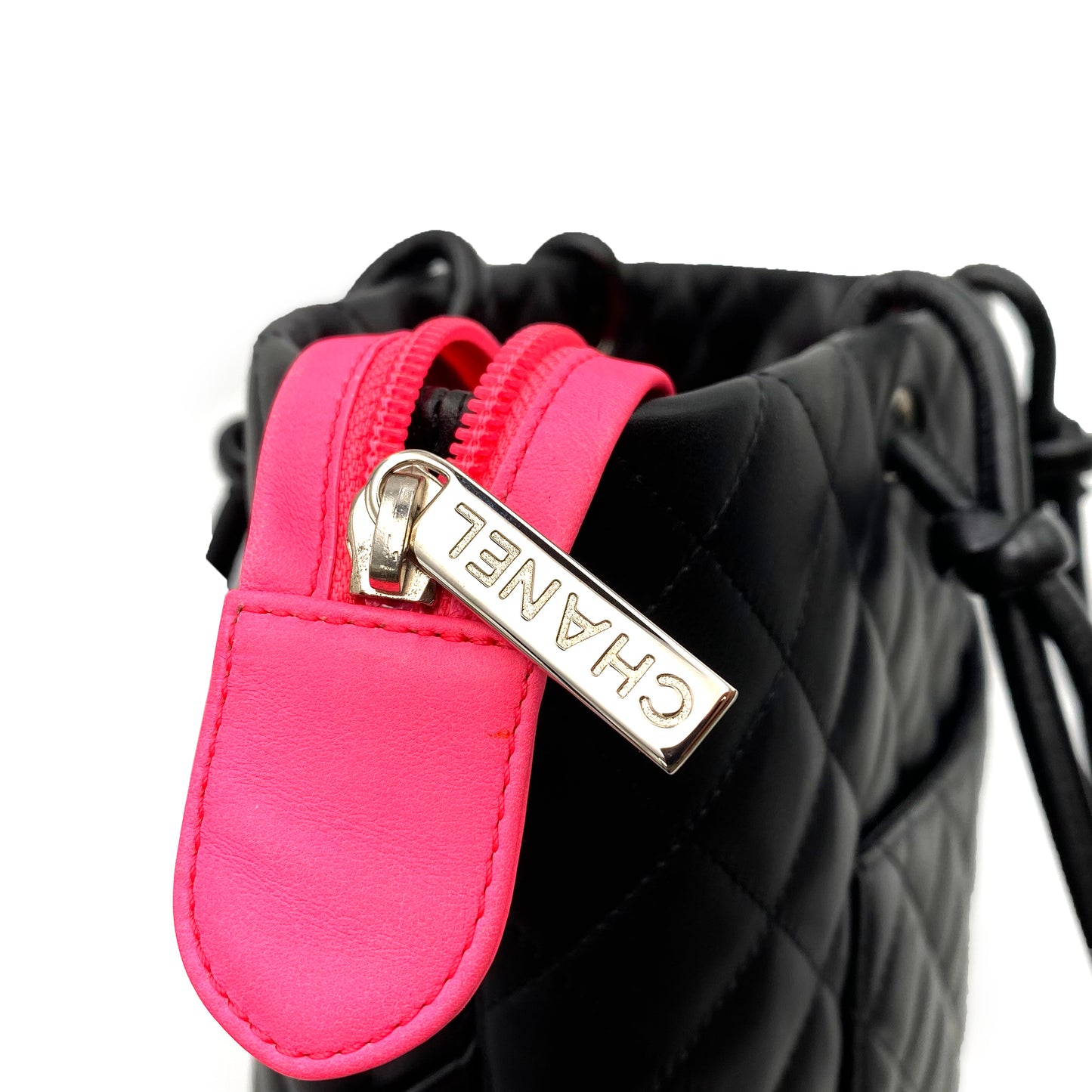CHANEL VINTAGE CAMBON LINE MEDIUM TOTE HAND BAG BLACK PINK CALF SKIN 90228458