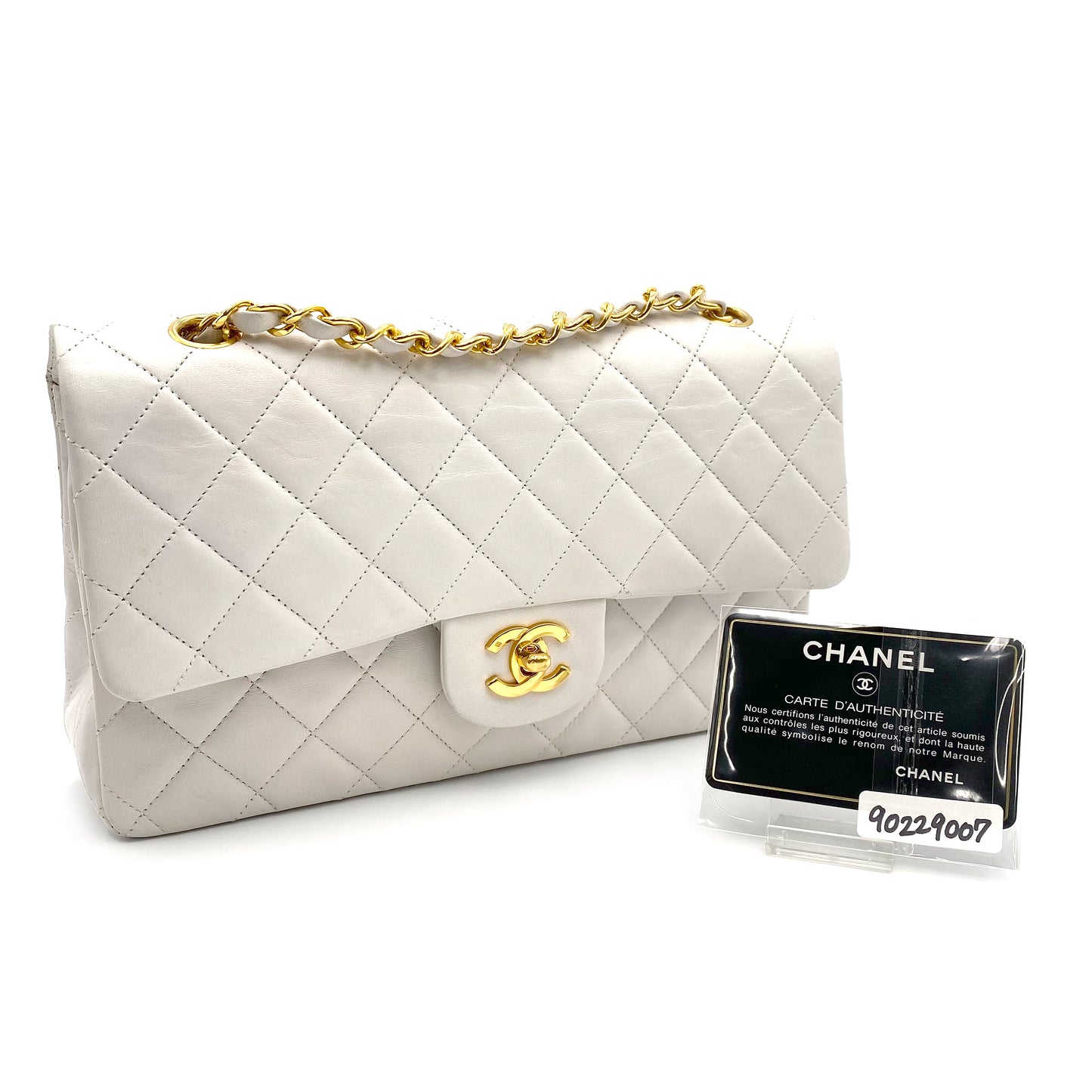 CHANEL VINTAGE CLASSIC FLAP MEDIUM CHAIN SHOULDER BAG WHITE LAMB SKIN 90229007
