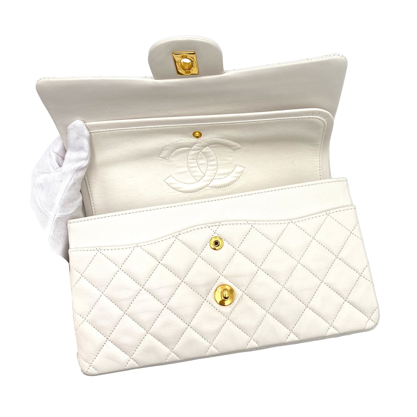CHANEL VINTAGE CLASSIC FLAP MEDIUM CHAIN SHOULDER BAG WHITE LAMB SKIN 90229007