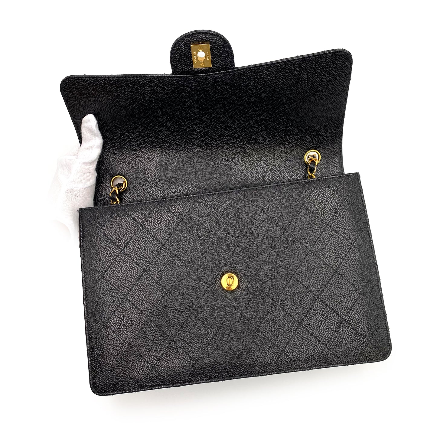 CHANEL VINTAGE BICOLORE CHAIN SHOULDER BAG BLACK CAVIAR SKIN 90230322