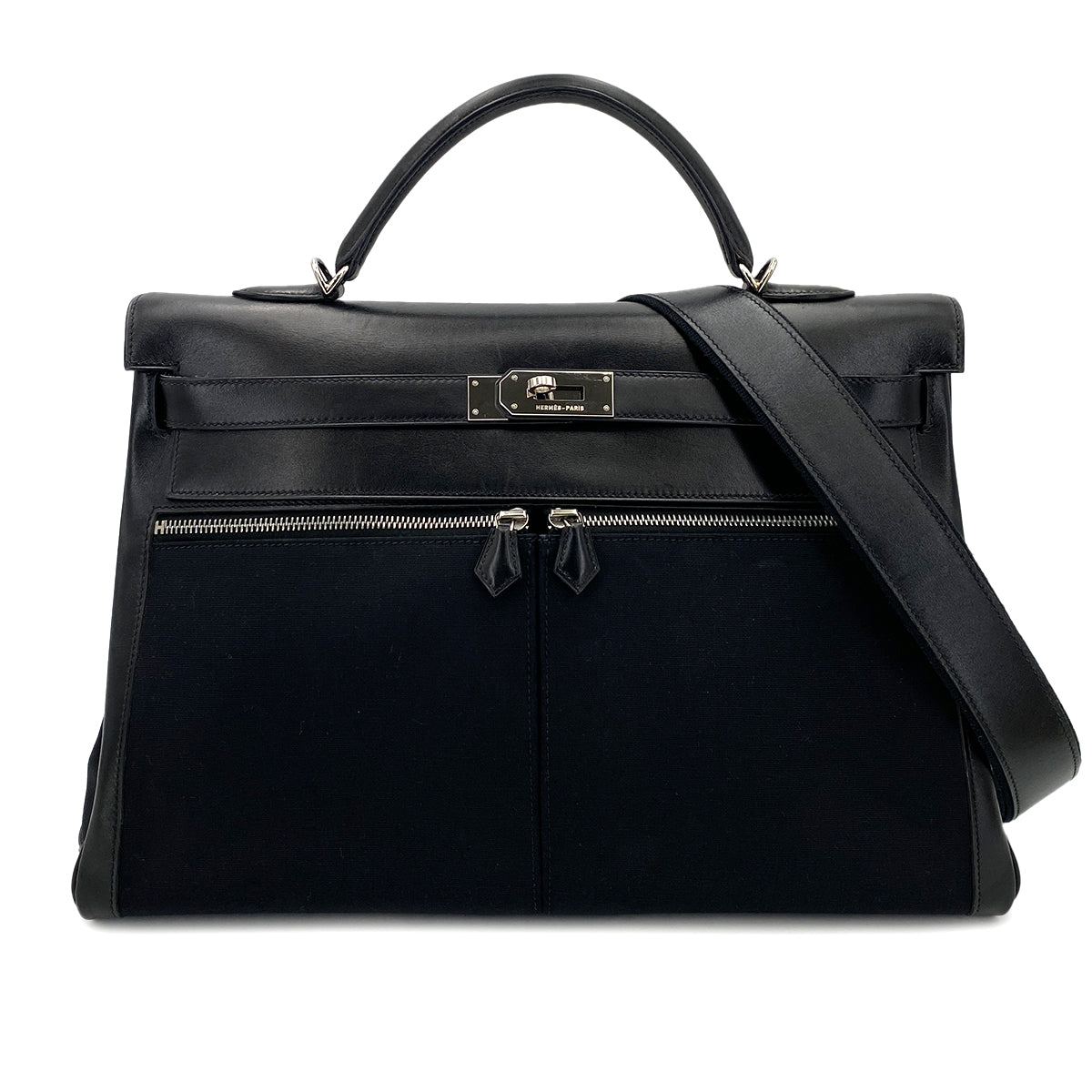 HERMES KELLY LAKIS 40 BLACK BOXCALF TOILE OFFICIER HAND SHOULDER BAG □H 90230404
