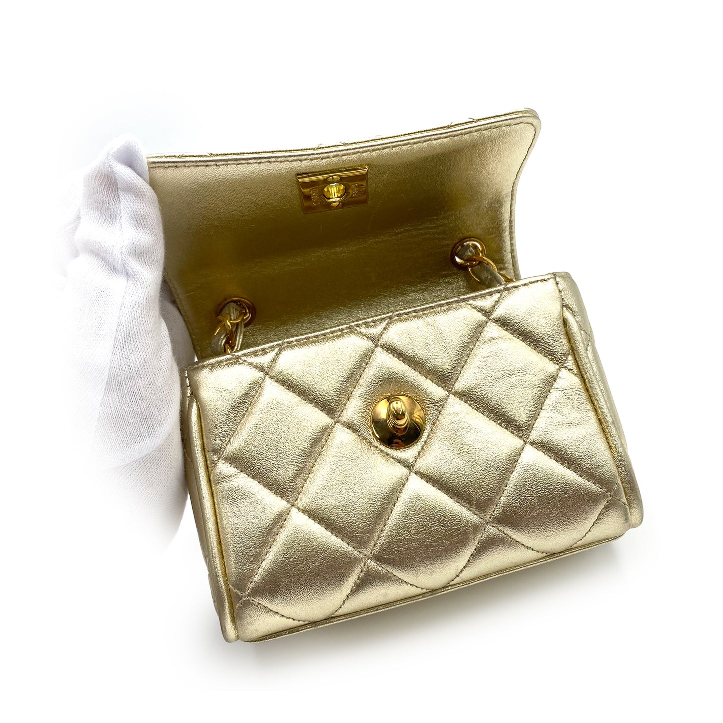 CHANEL VINTAGE MINI MATELASSE CHAIN SHOULDER BAG GOLD LAMB SKIN 90231590