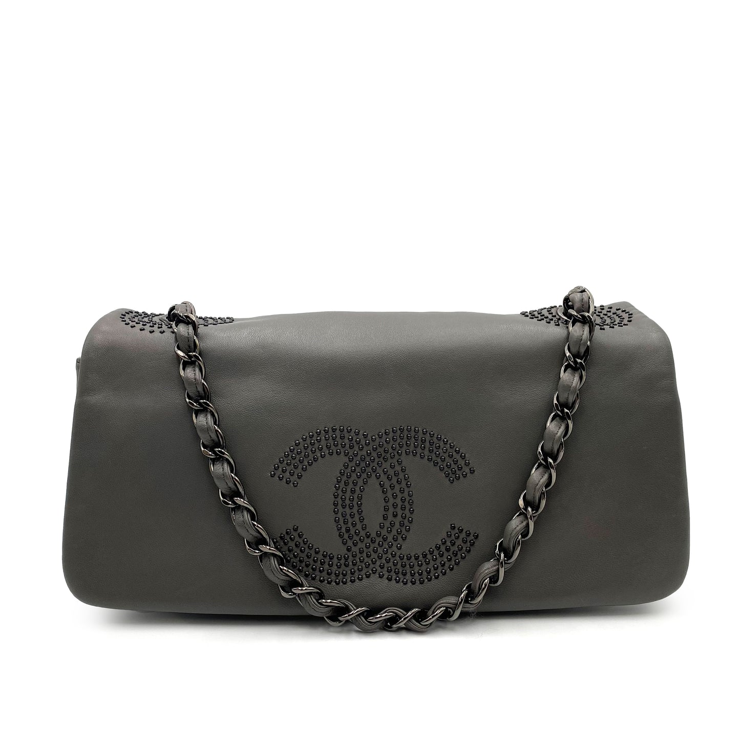CHANEL VINTAGE COCOMARK STUDS CHAIN SHOULDER BAG GRAY LAMB SKIN 90231635